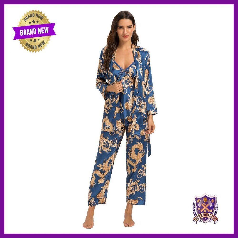Silk Satin Pajama Set 3-Piece Robe Cami Pants Sleepwear